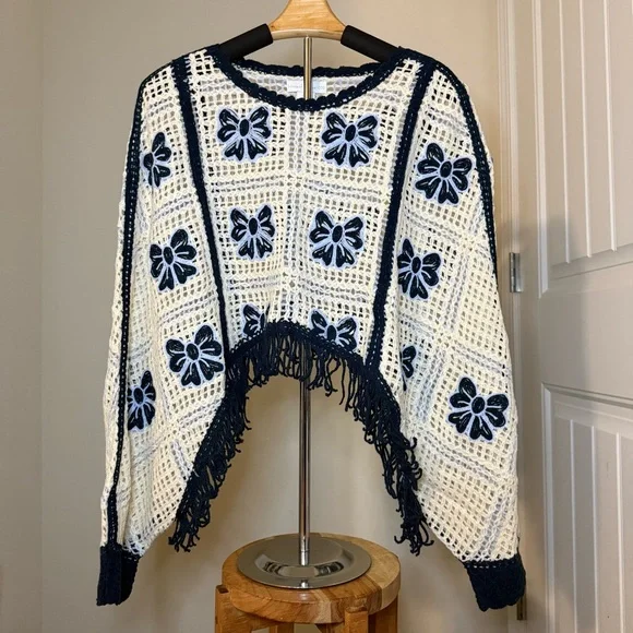 NWT House of Harlow white/blue crochet butterfly sweater - Picture 1 of 4